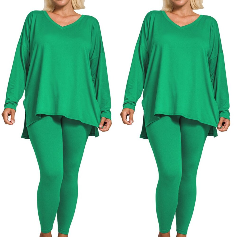 V‑Neck Long‑Sleeve Loungewear Leggings Set – Buttery Soft Brushed DTY Microfiber